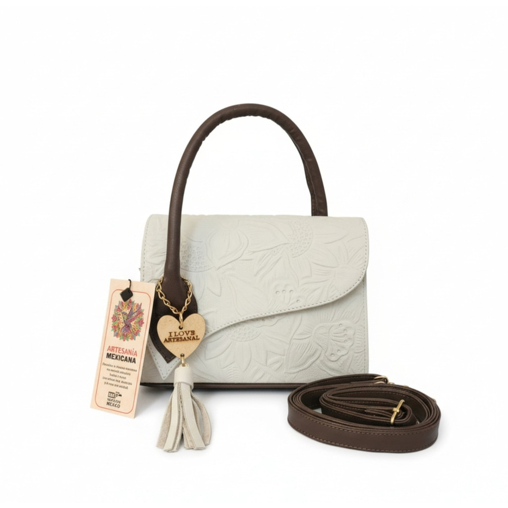 Off White Dark Brown Sunflower Embossed Tooled Artisan LEATHER Crossbody Purse